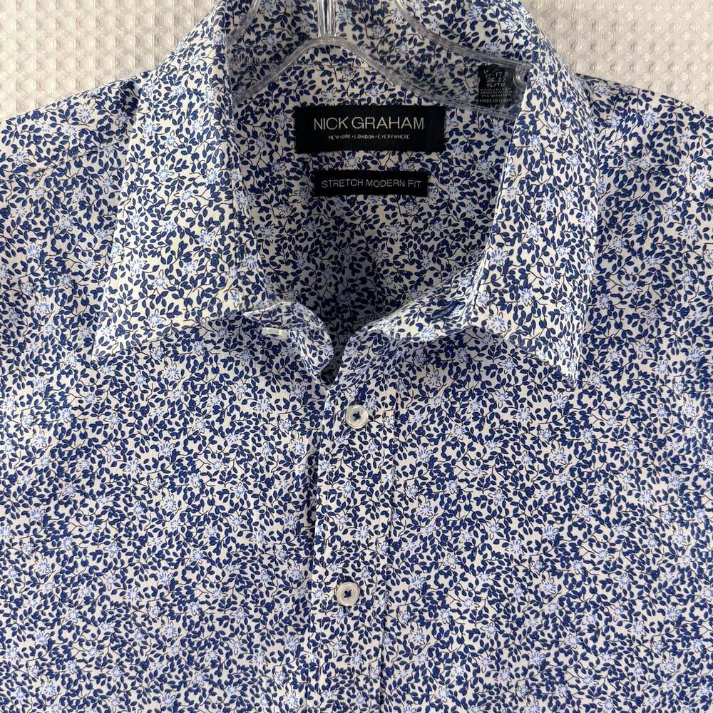 Nick Graham Men's Stretch Modern Fit Micro Floral Print Dress Shirt Blue/White - Picture 4 of 7